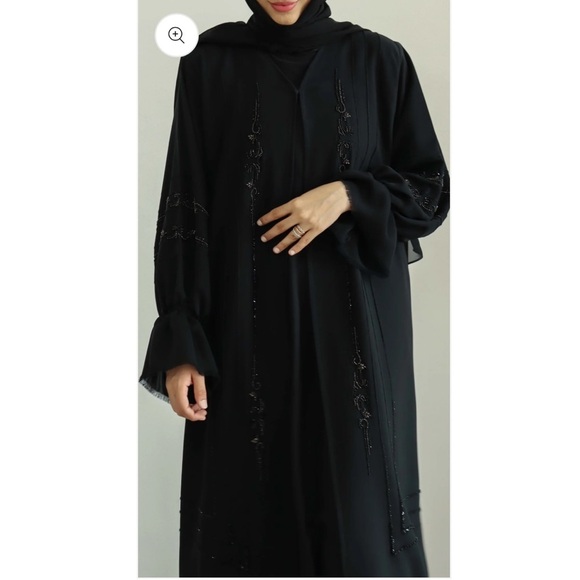 Classic black abaya embroidered sleeve ends and stone embellishment - Picture 1 of 10
